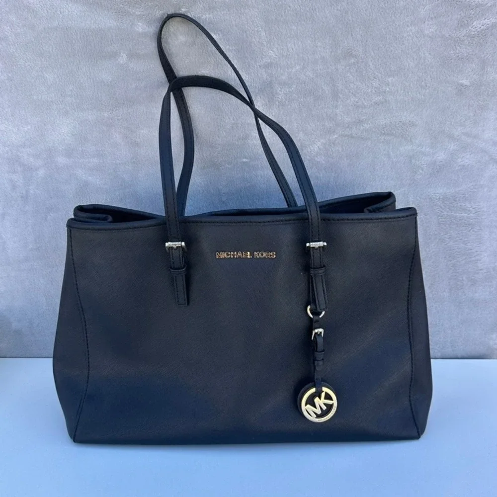 Michael Kors Jet Set Travel Tote Black Saffiano Leather Gold Hardware Bag